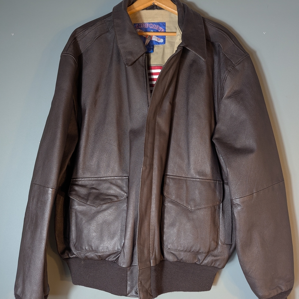 A-2 Leather Bomber Jacket Military Flight Style Airborne Top Gun L Tall